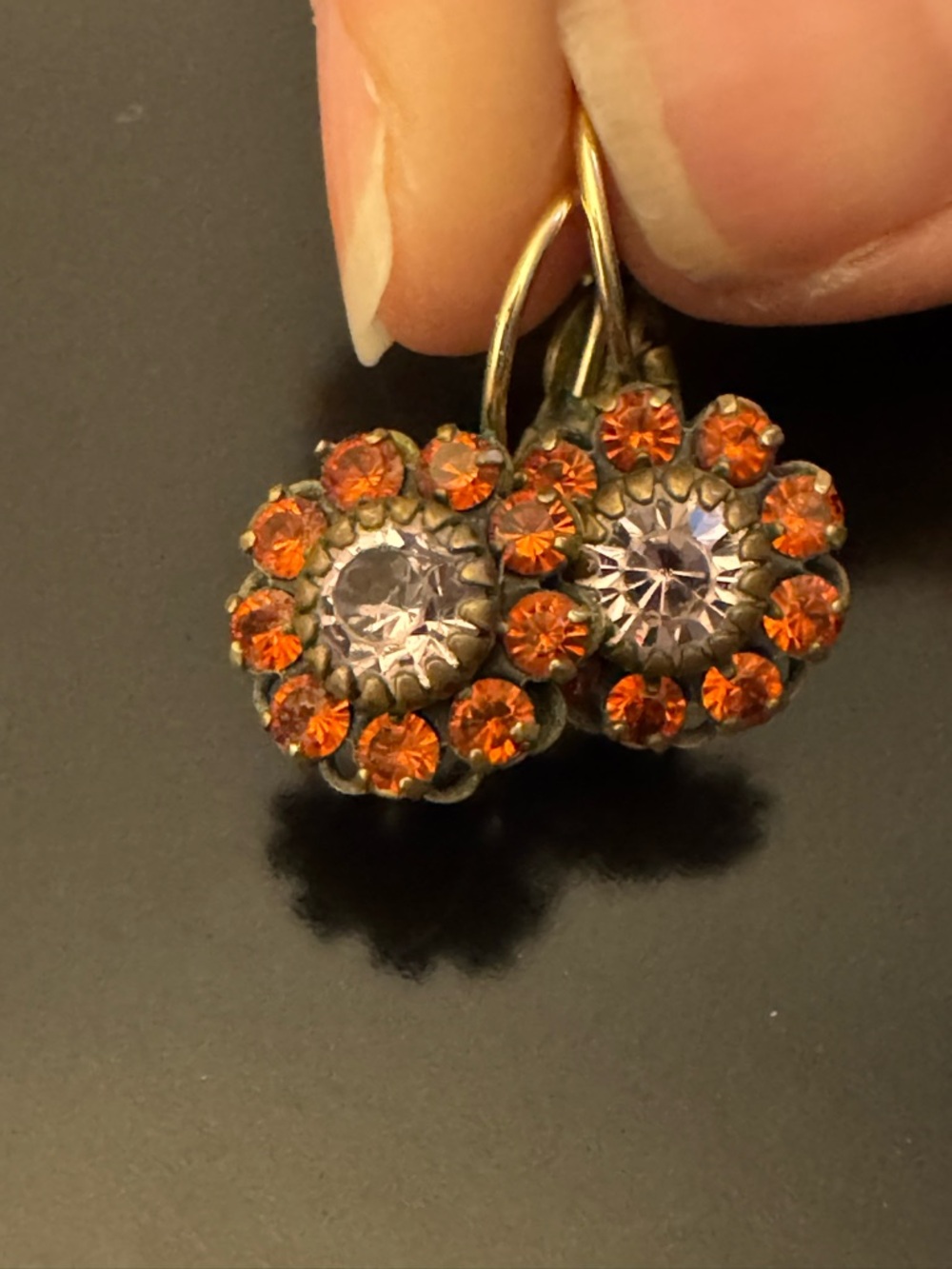 Liz Palacios Rhinestone Earrings Orange Crystal Floral Halo Leverback